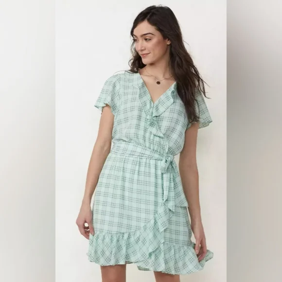 lauren conrad green dress Green, Tan, Yellow, Cream, & Black Plaid Chore Dress with Flutter Sleeve - S main image 0